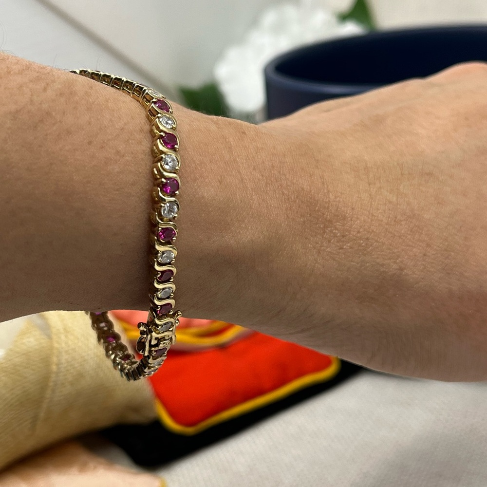 Vintage Gold Over 925 Sterling Silver Ruby & CZ Tennis Bracelet - Picture 8 of 16
